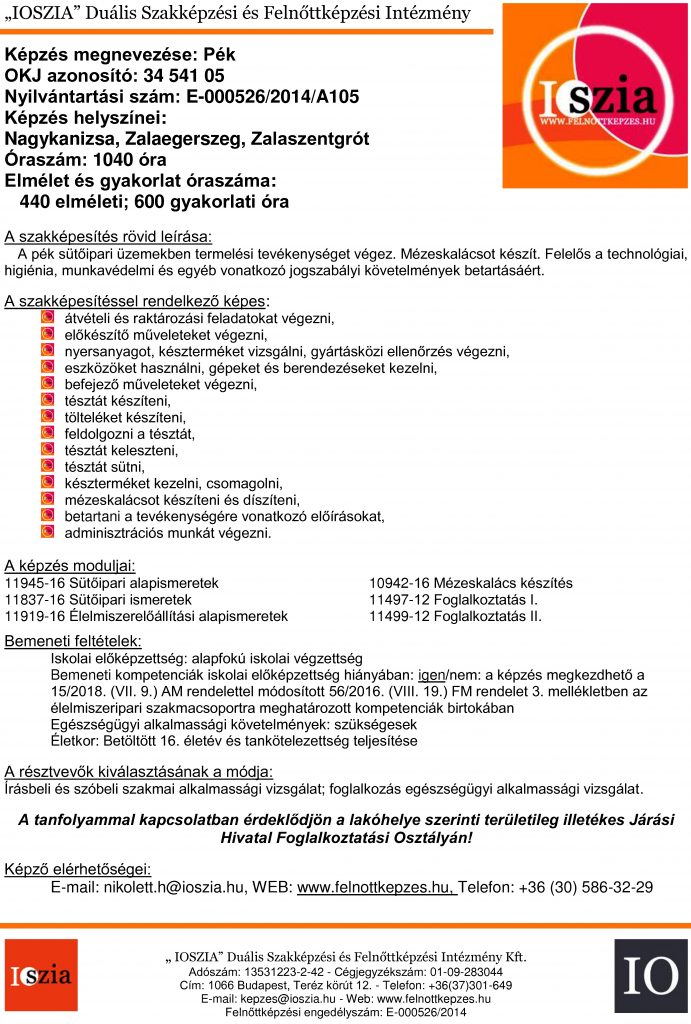 Pék OKJ - Nagykanizsa - Zalaszentgrót - Zalaegerszeg - felnottkepzes.hu - Felnőttképzés - IOSZIA